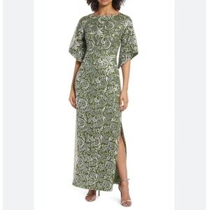 JS Collections frida floral Green and light blue column gown maxi Dress